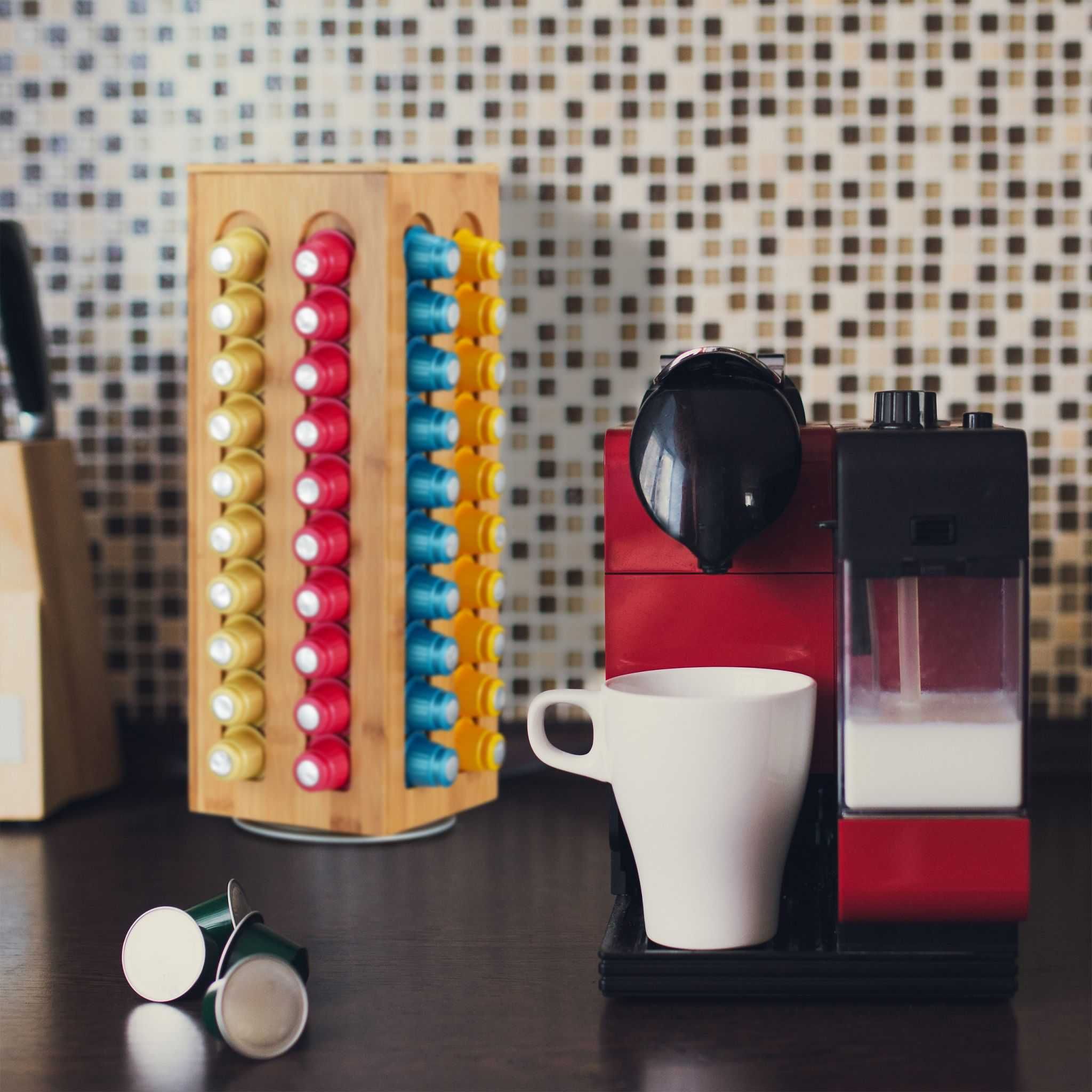 Suport Capsule de Cafea Nespresso 80 bucati Rotativ Bambus 40x14 cm