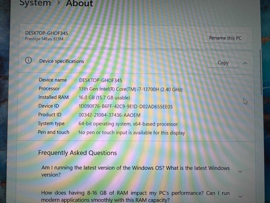 Laptop MSI Prestige 14Evo B13M, Intel i7 13700H, 16GB RAM, 1TB SSD