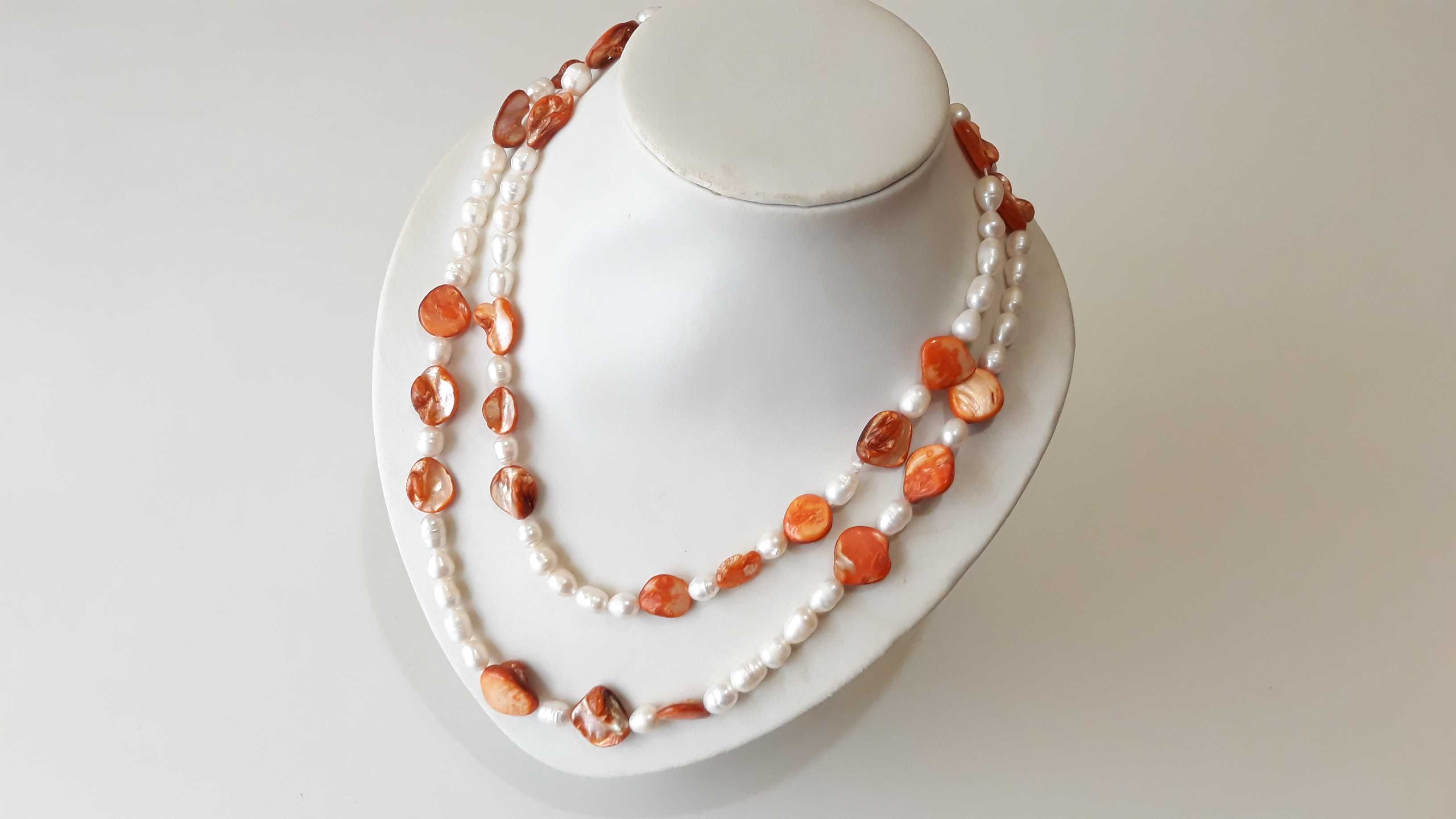 Colier Lung de perle naturale de cultura Baroc , albe si portocali