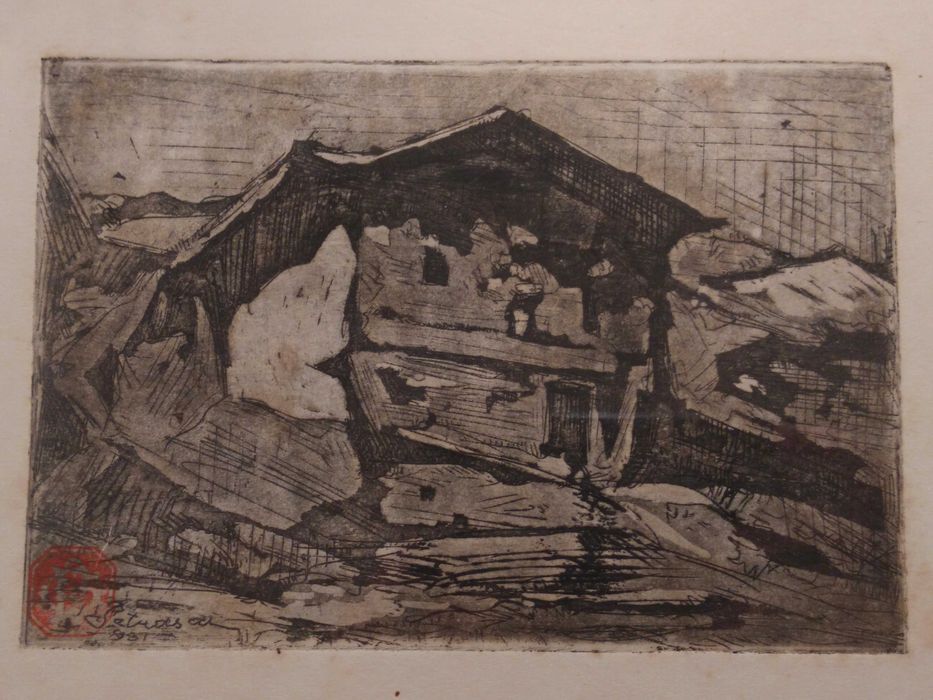 Tablou Gheorghe Petrascu |Casa la tara| Gravura veche