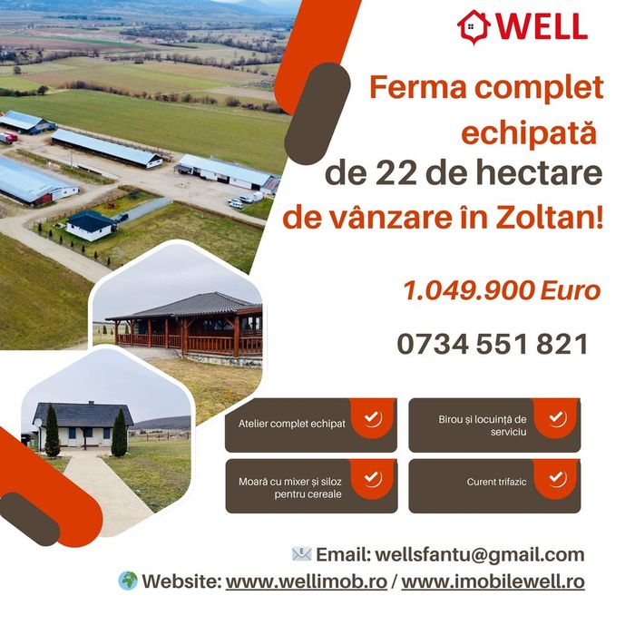 Ferma complet echipată de 22 de hectare de vânzare în Zoltan!