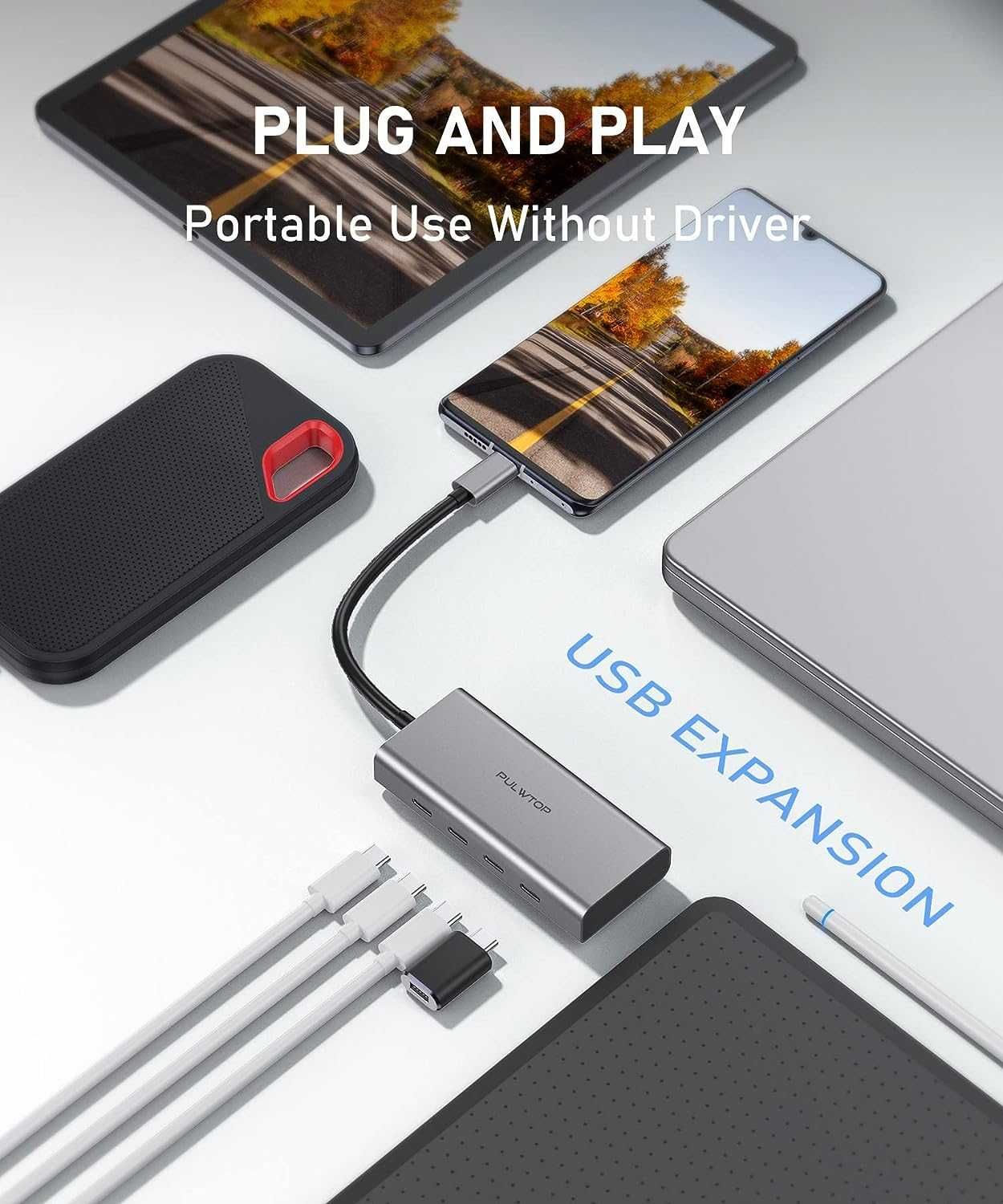 PULWTOP 4 порта 10G USB C ХЪБ за Mac,iMac,iPad и USB C лаптоп