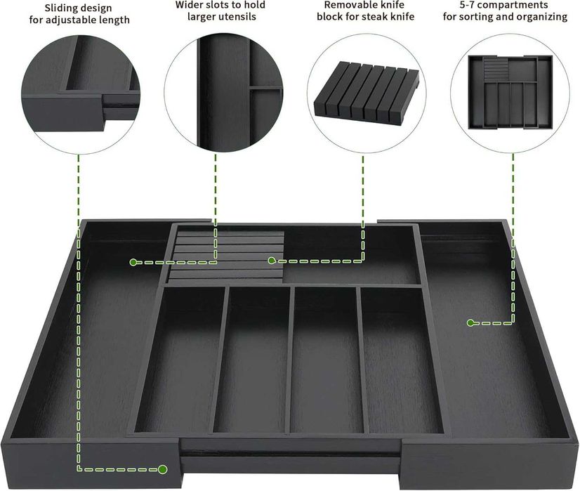 Organizator Tacamuri/Ustensile Bambus/Negru 33-55cm,REDUS de la 170RON
