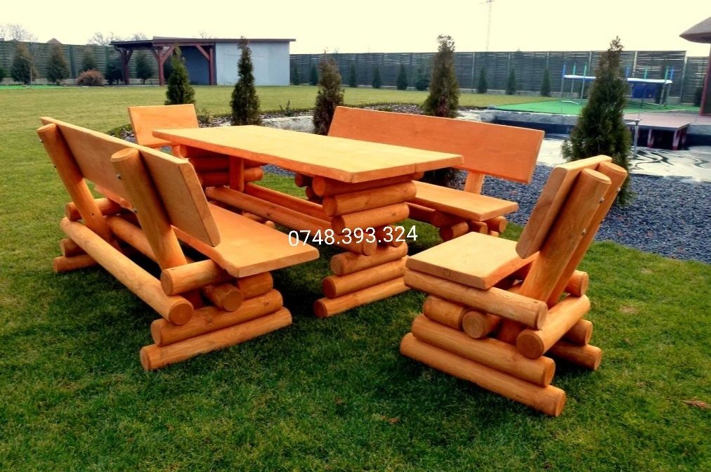 Set masa cu băncuțe scaune lemn masiv terasa foișor