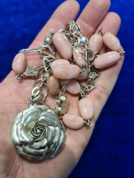 N Superb lant colier argint masiv 925,Frida,pietre rodocrozit,deosebit