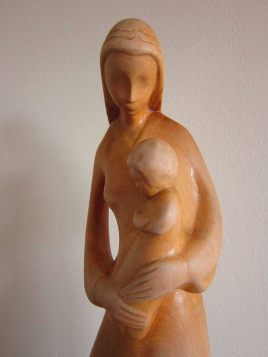 cadou unic Maria cu pruncul Madonna Mid-Century Stilizat vintage lemn