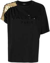 BALMAIN Gold Metallic Sleeve Logo Print Дамска Тениска size XS и S