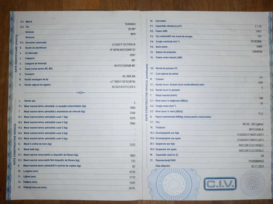 SUBARU OUTBACK 2.5i 173cp GPL nou/performant 4X4 REDUCTOR carlig Thule