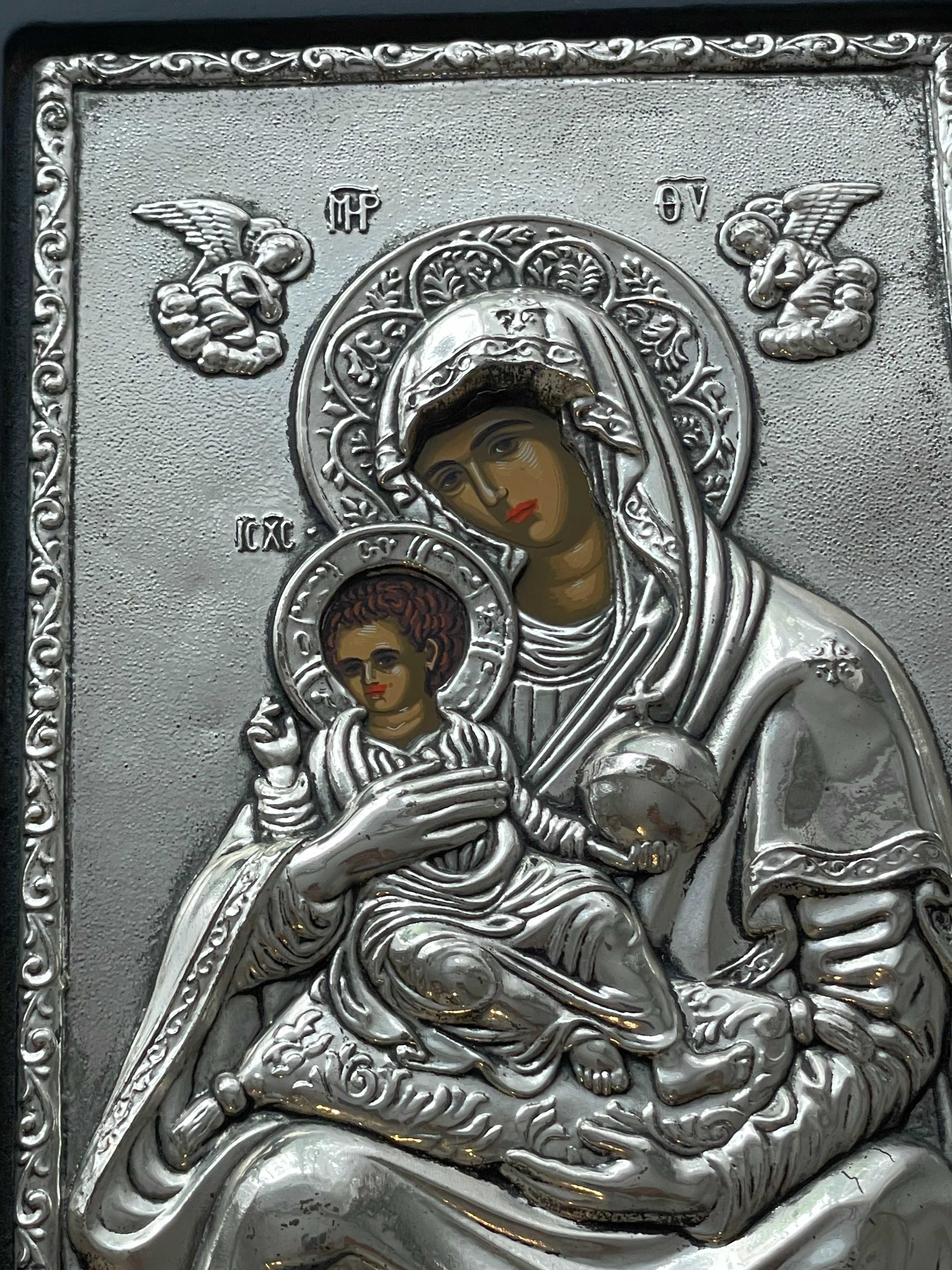 Icoana Maica Domnului Prunc IISUS Athos bizantin argintata certificata