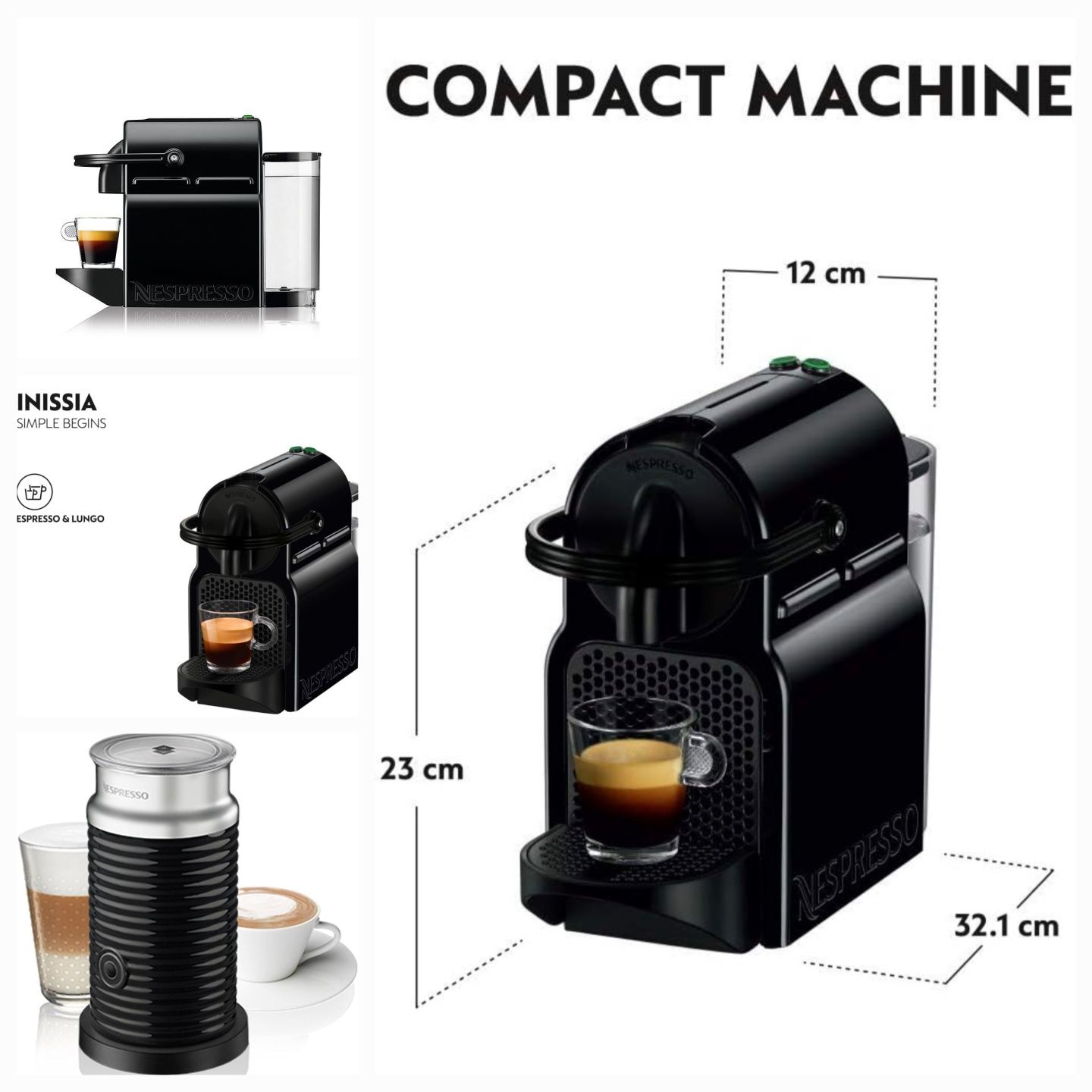 Кафемашина с капсули NESPRESSO Inissia Черна & Aeroccino3,1260 W,19bar