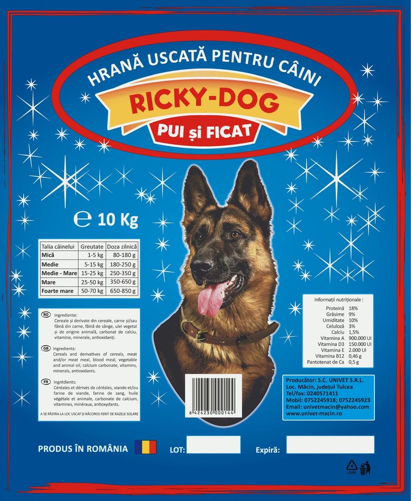 Hrana uscata completa pentru caini adulti RICKY-DOG ^ pui ^ vita