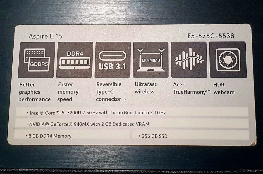 Laptop acer Aspire E 15, 15.6" FullHD, i5 250 SSD 8GB DDR4