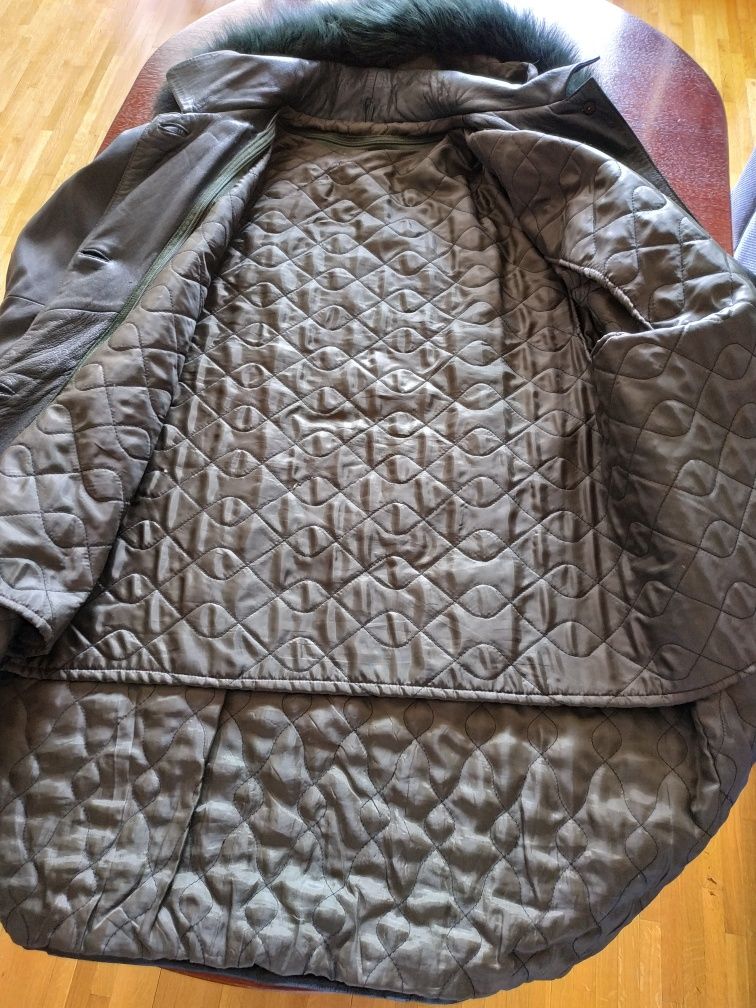 Дамско кожено яке с качулка, L-XL, маслено зелено