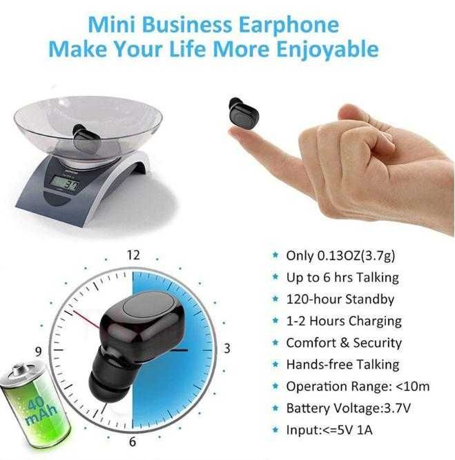 Безжична Скрита Слушалка On-Ear Микрофон Смартфон Bluetooth Хендсфрий