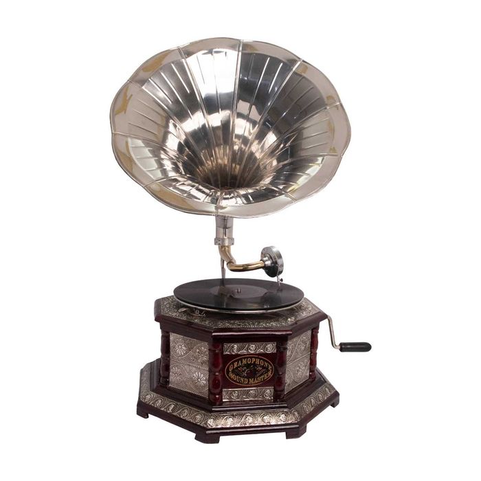 Gramofon din lemn masiv cu pâlnie argintie, H 67 cm, cadou ideal