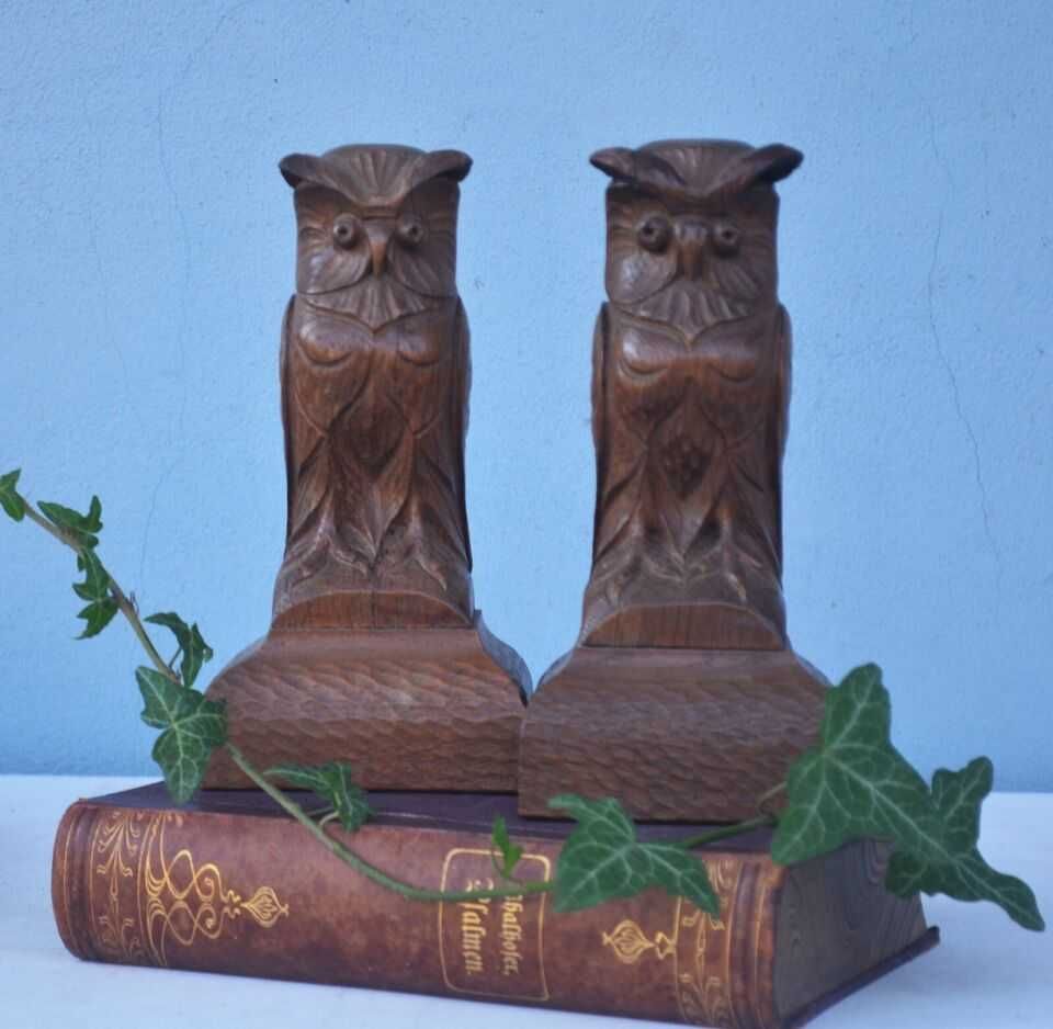 Book Ends Pereche lemn de stejar Figurine Sculptate Bufnițe