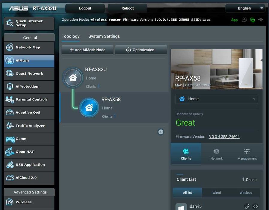 Extender AiMesh WiFi 6 AX3000 Asus RP-AX58, 160MHz channels