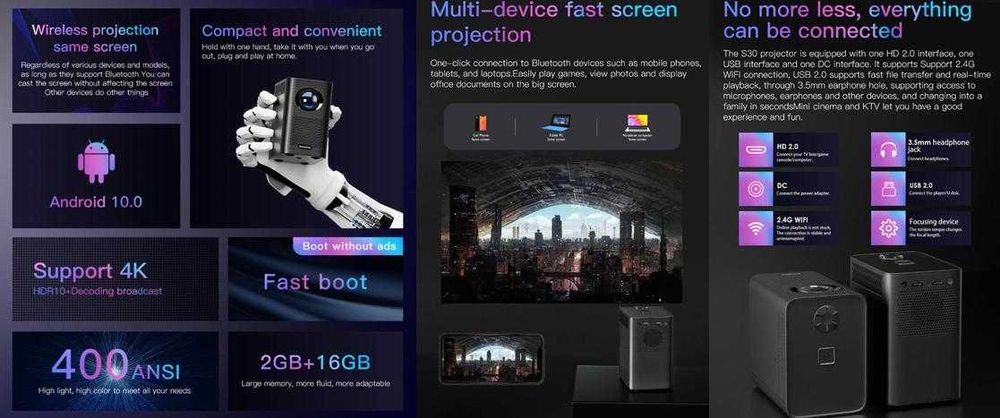 Конзола S30MAX 4D 4096x2160P 9500L WiFi Видео Проектор 4K ScreenMirror