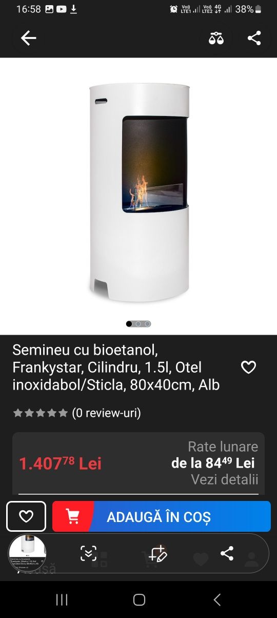 Semineu cu bioetanol, Frankystar, Cilindru, 1.5l, Otel inoxidabol/Stic