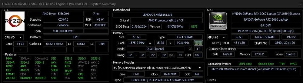 Laptop Gaming Lenovo Legion 5 Pro 16ACH6H, RTX 3060 6GB, 16GB RAM