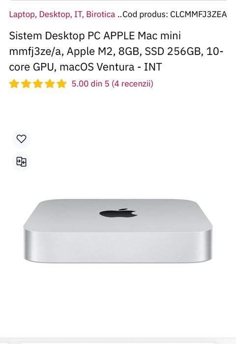 Mac Mini PC Apple cu procesor Apple M2, 256gb sigilat. TRANSPORT ZERO