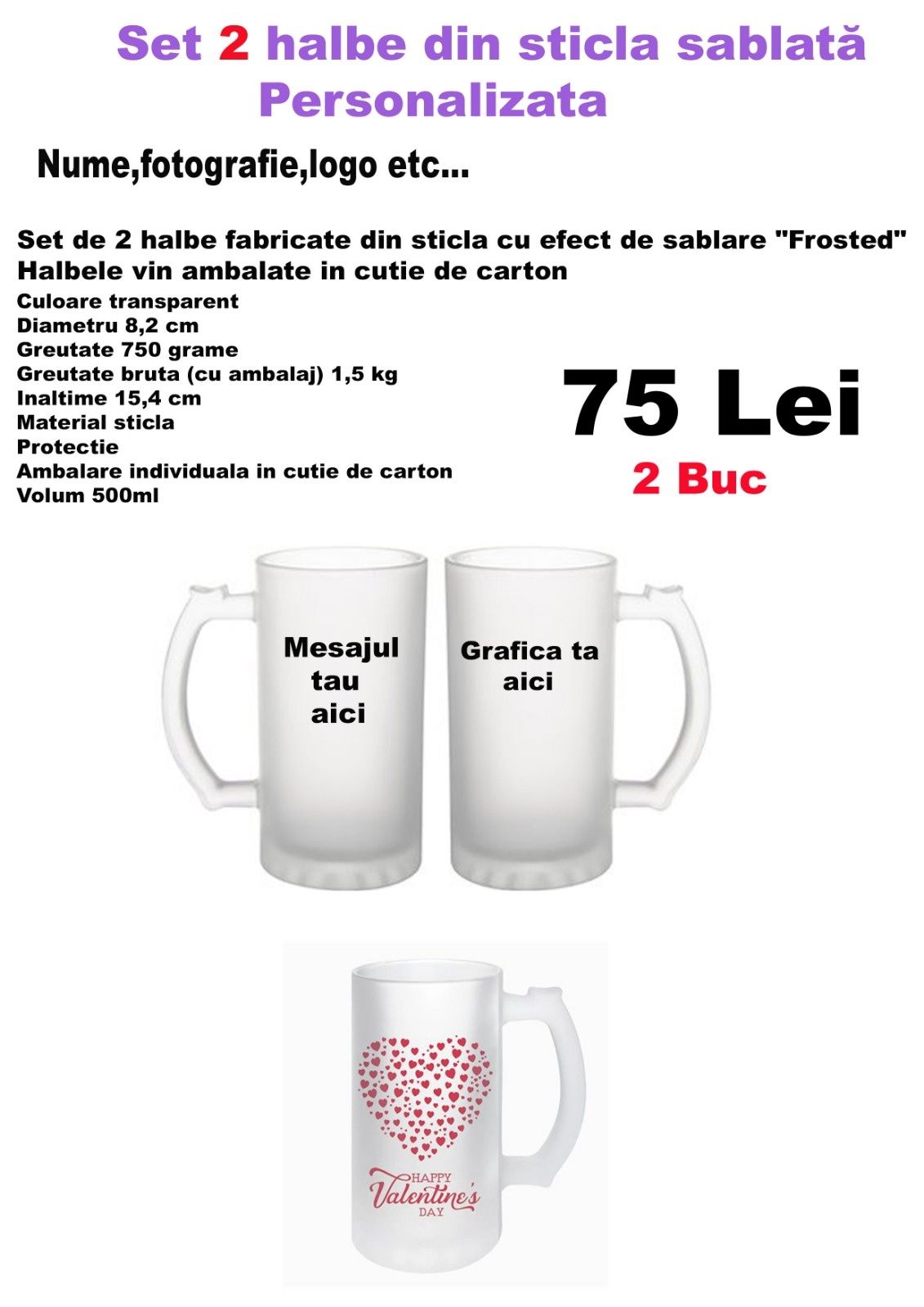 Set 2 halbe din sticla sablata personalizate