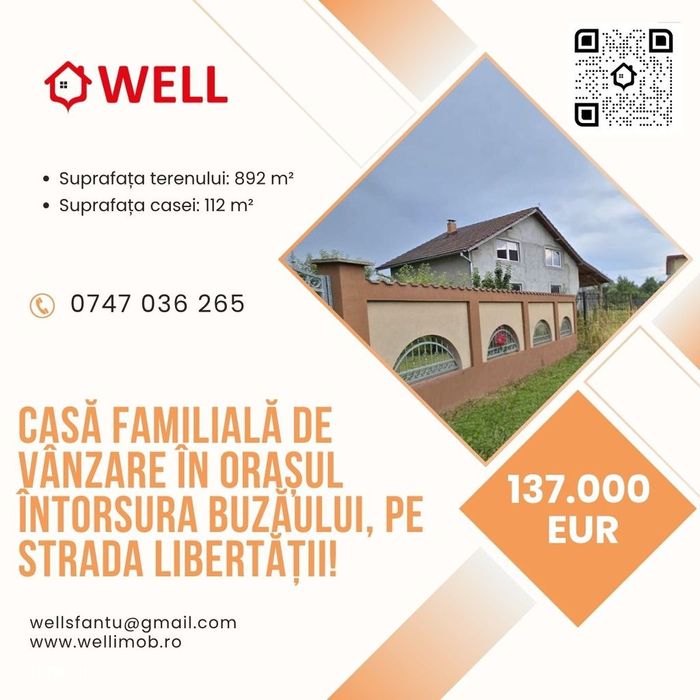 Casă familială de vânzare în orașul Înt. Buzăului, pe str Libertății!