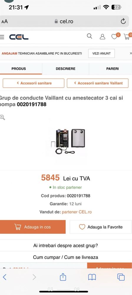 Grup de pompare Vaillant cu valva 3 cai si pompa