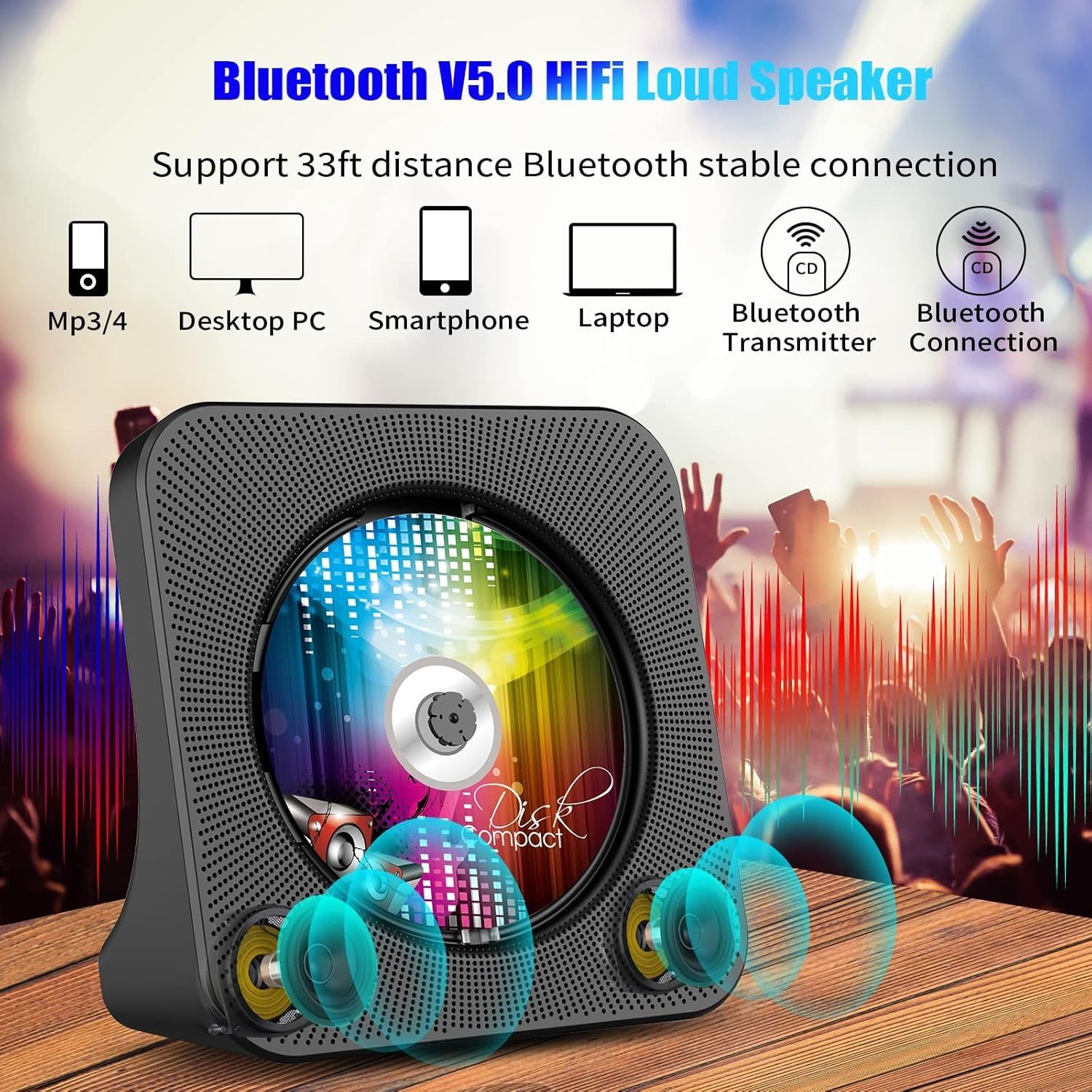 6в1 CD плеър + Bluetooth 5.0 HiFi високоговорител + FM радио + USB C