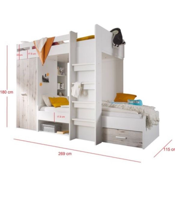 Pat supraetajat alb + saltea, design spațios, stare foarte bună