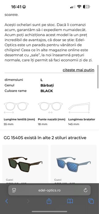 Ochelari soare barbati Gucci GG1540S 001 Black + toc original inclus