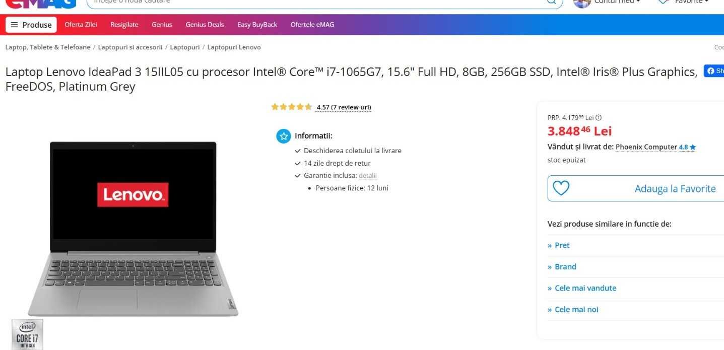 Laptop Lenovo IdeaPad 3 15IIL05 cu procesor Intel® Core™ i7-1065G7
