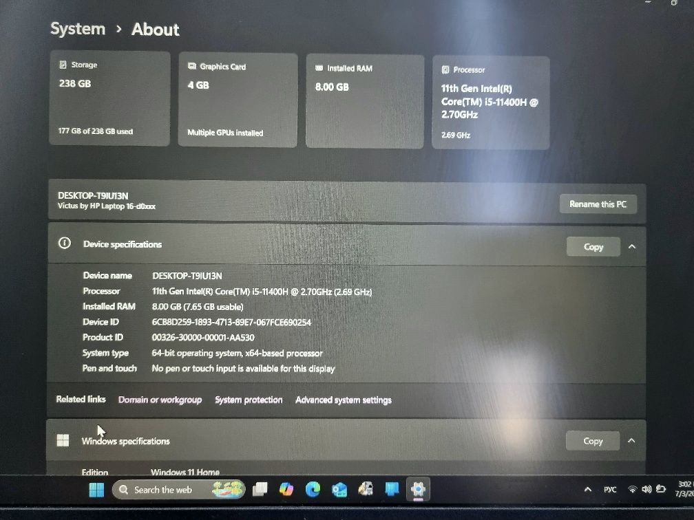Hp victus 15.6 inch, 8/256Gb, RTX 3050