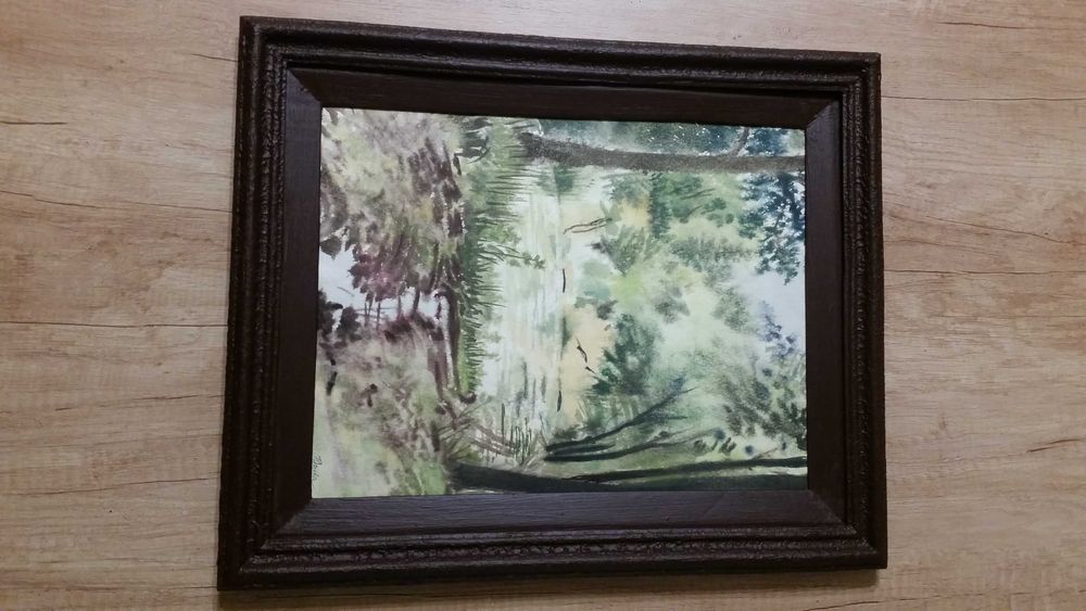 Красив пейзаж с рекичка и езеро. Акварел. В хубава рамка от дърво.