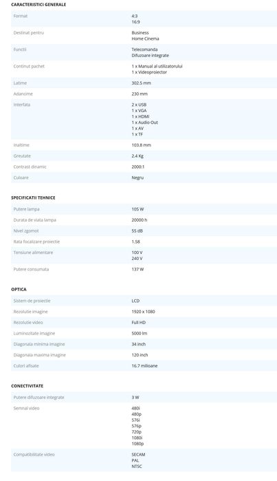 Videoproiector A+ VPL2, WXGA, Full HD, redare 4K, 5000 lumeni, Negru