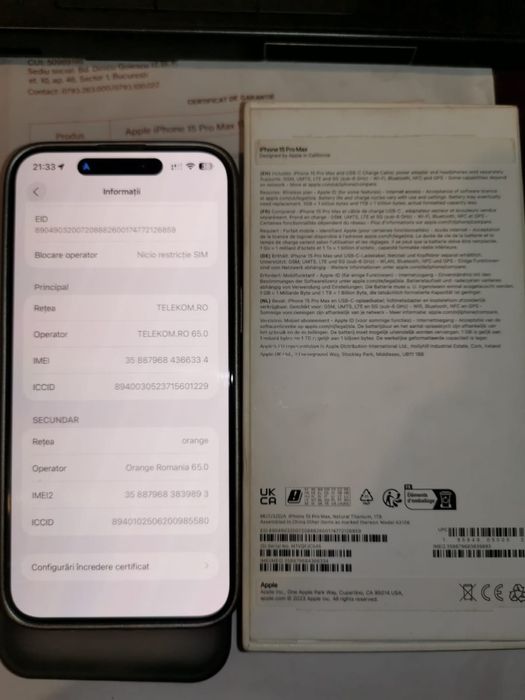 Iphone 15 Pro Max 1tb Natural Titanium cutie si garanție