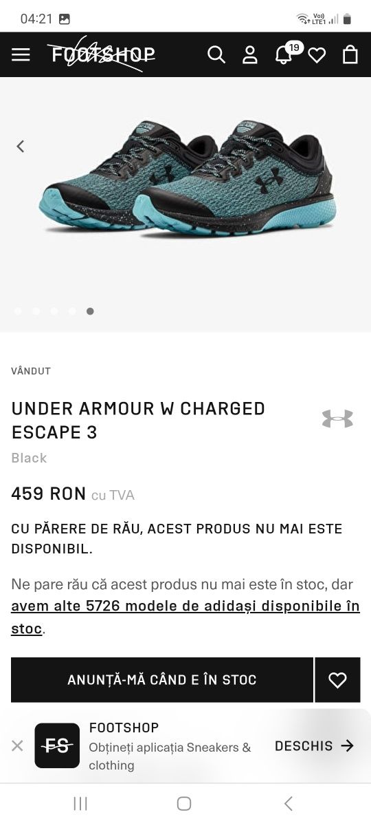 Adidasi sport Under Armour CHARGED ESCAPE, Running, Nr. 43 EU