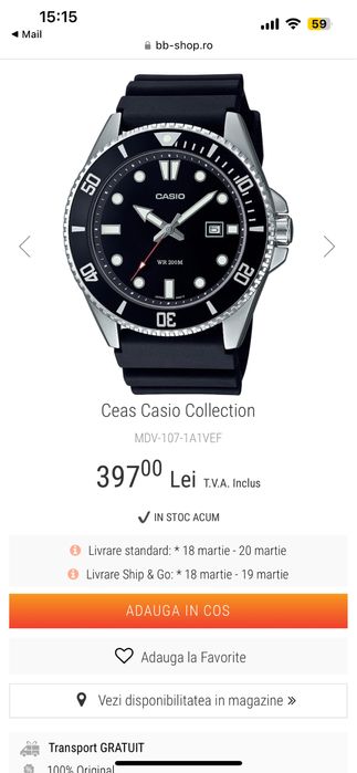 Vând ceas Casio MDV-107-1A1VEF