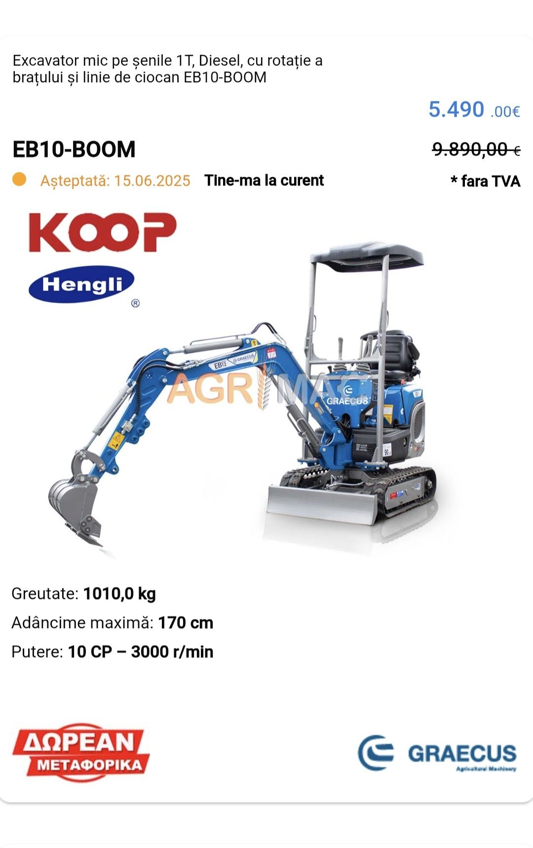 Miniexcavator Graecus 1t, 1,2 t motor tractor kubota