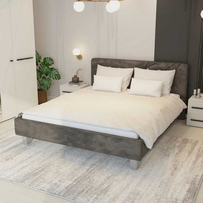 Pat dormitor, matrimonial, tapitat, gri, 200x160 cm cu saltea inclusa