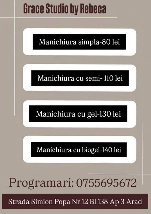 Grace Studio by Rebeca oferă servicii de manichiură în Arad