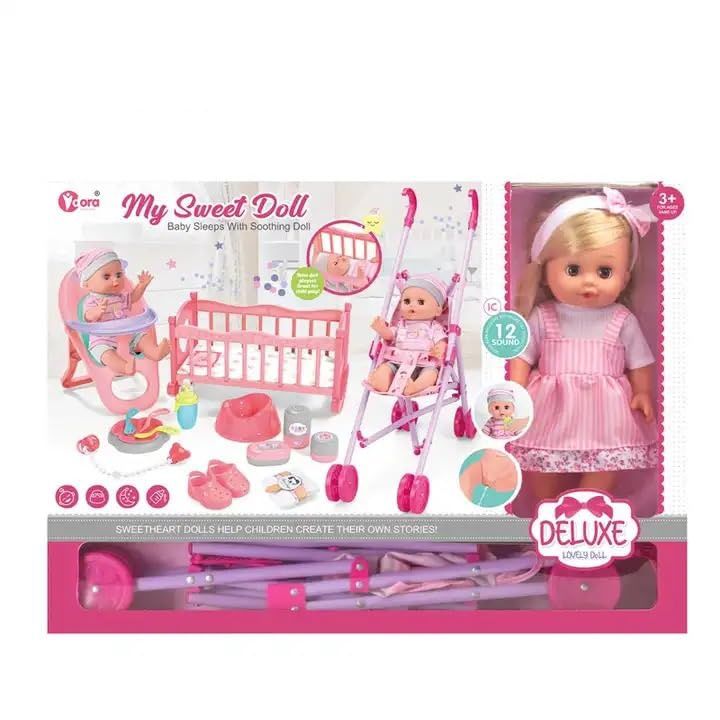 Игровой набор Кукла пупс Deluxe в розовом сарафане в полоску 30 см
