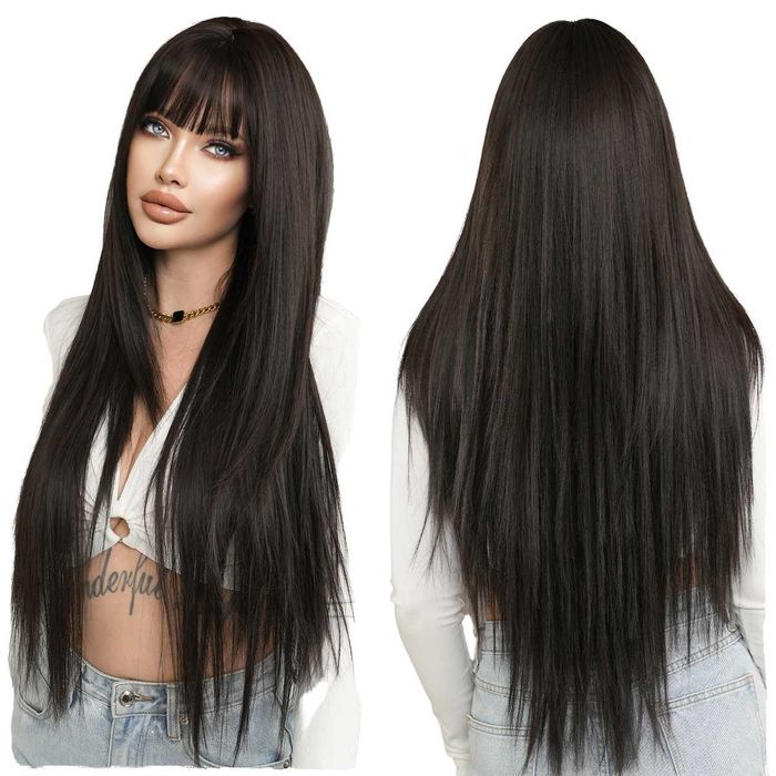 Дълга 80 см тъмно кафява права перука на пластове зигзаг път