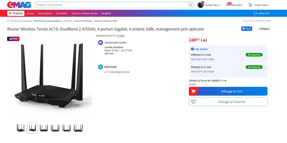 Router Wireless Tenda AC10 DualBand 2.4/5GHz 4 porturi Gigabit