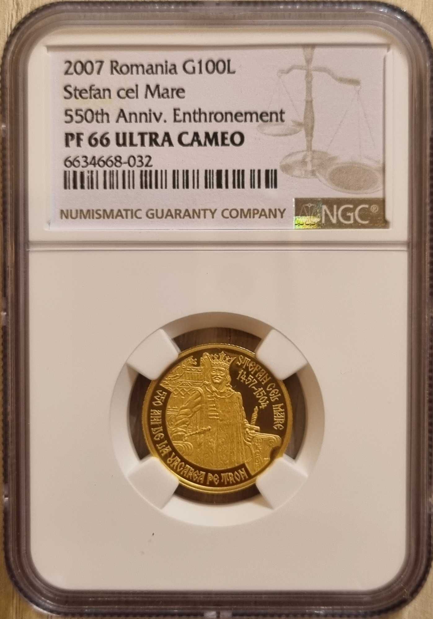 Moneda BNR 100 lei aur Stefan cel Mare gradata NGC PF 66 UC