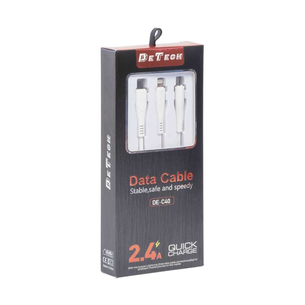 Кабел за зареждане DeTech DE-C40, 3 в 1, Micro USB, Lightning, Type-C