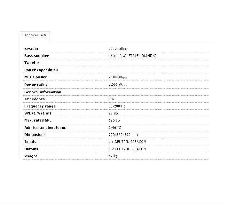 Subwoofer IMG Stage Line "18 2000W 8 ohm 30hz - 200hz