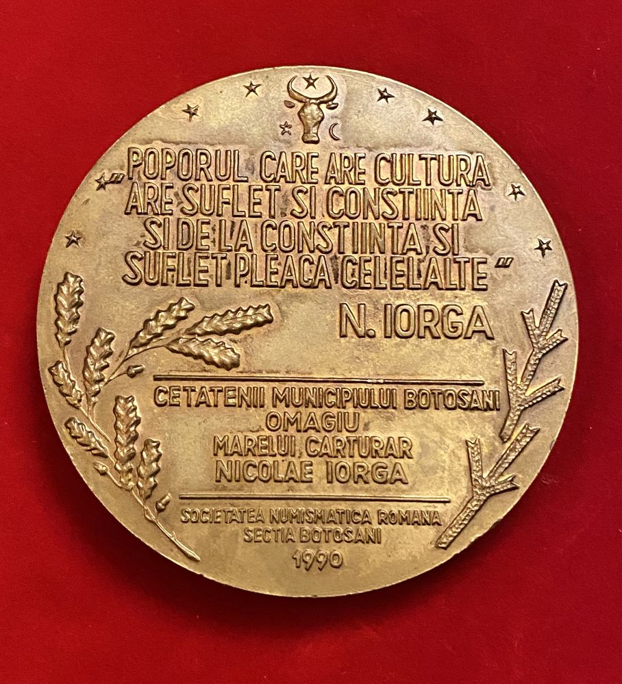 Medalie placheta mare bronz Nicolae Iorga regalitate