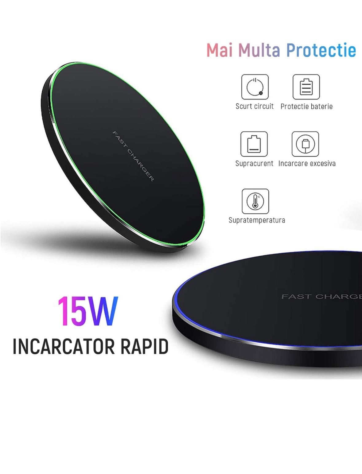 Incarcator wireless fast charge 15W Samsung Huawei iPhone si alte mode