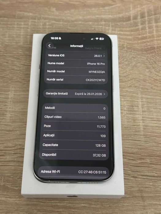 Iphone 16 Pro - alb, garantie 21.01.2027, ca nou.